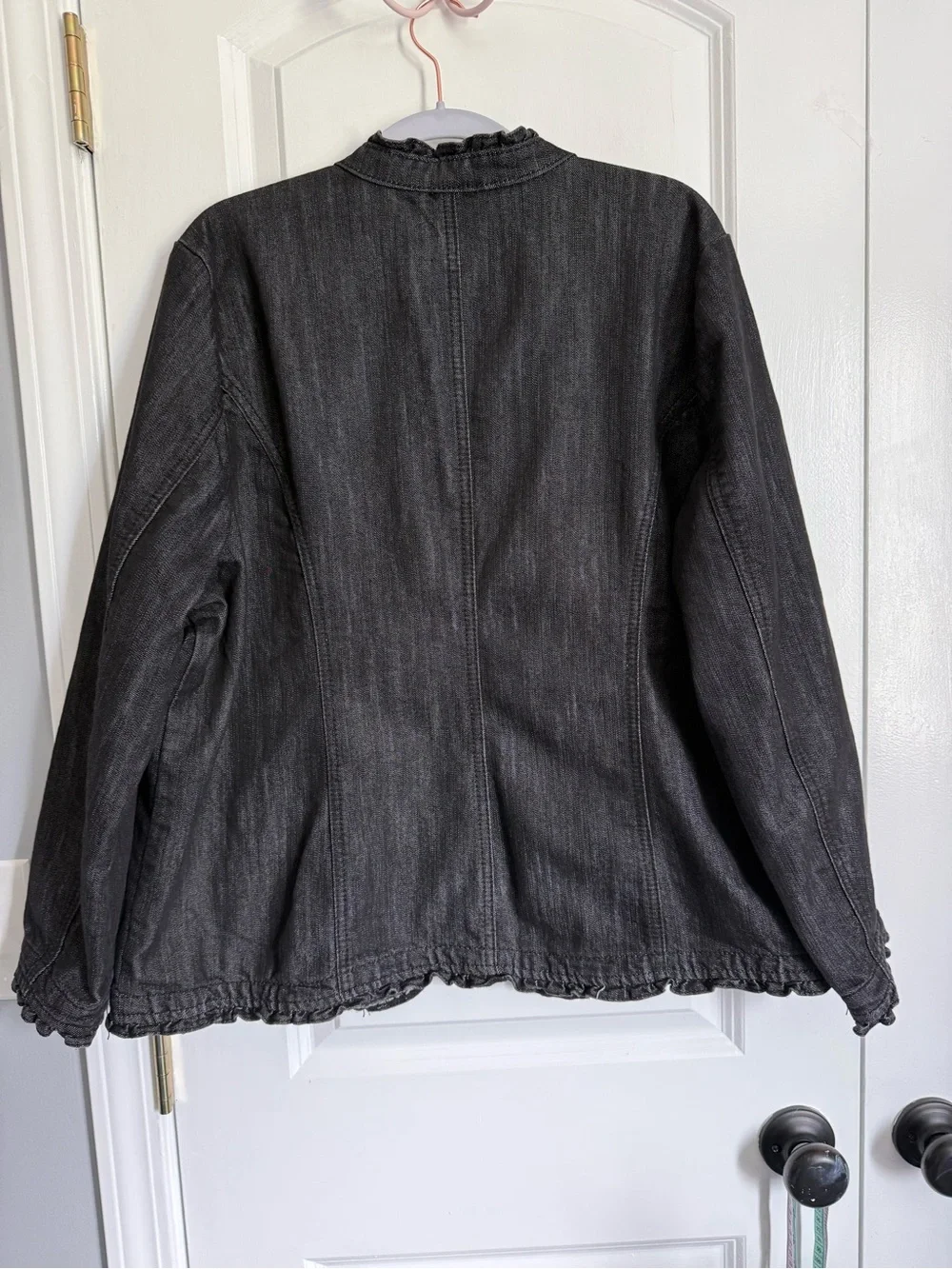 CJ Banks Black Ruffle-Trim Denim Jacket